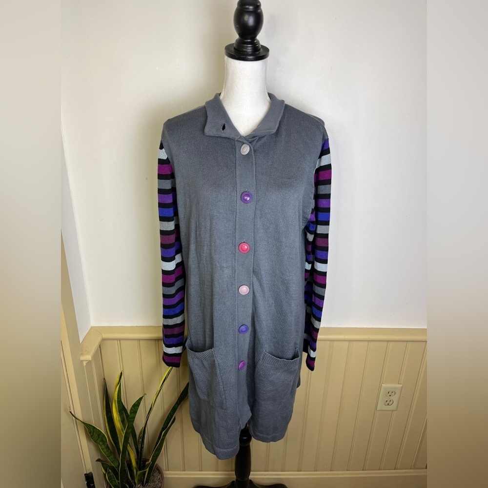 Bob Mackie Wearable Art Longline Cardigan Sweater Dress L Gray Artsy Colorful - Picture 2 of 10